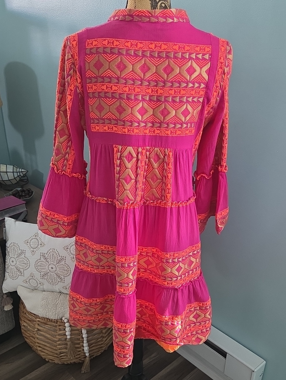 Lace The Label Fuchsia & Orange Geometric Embroidered Boho Mini Dress M EUC - Picture 3 of 15